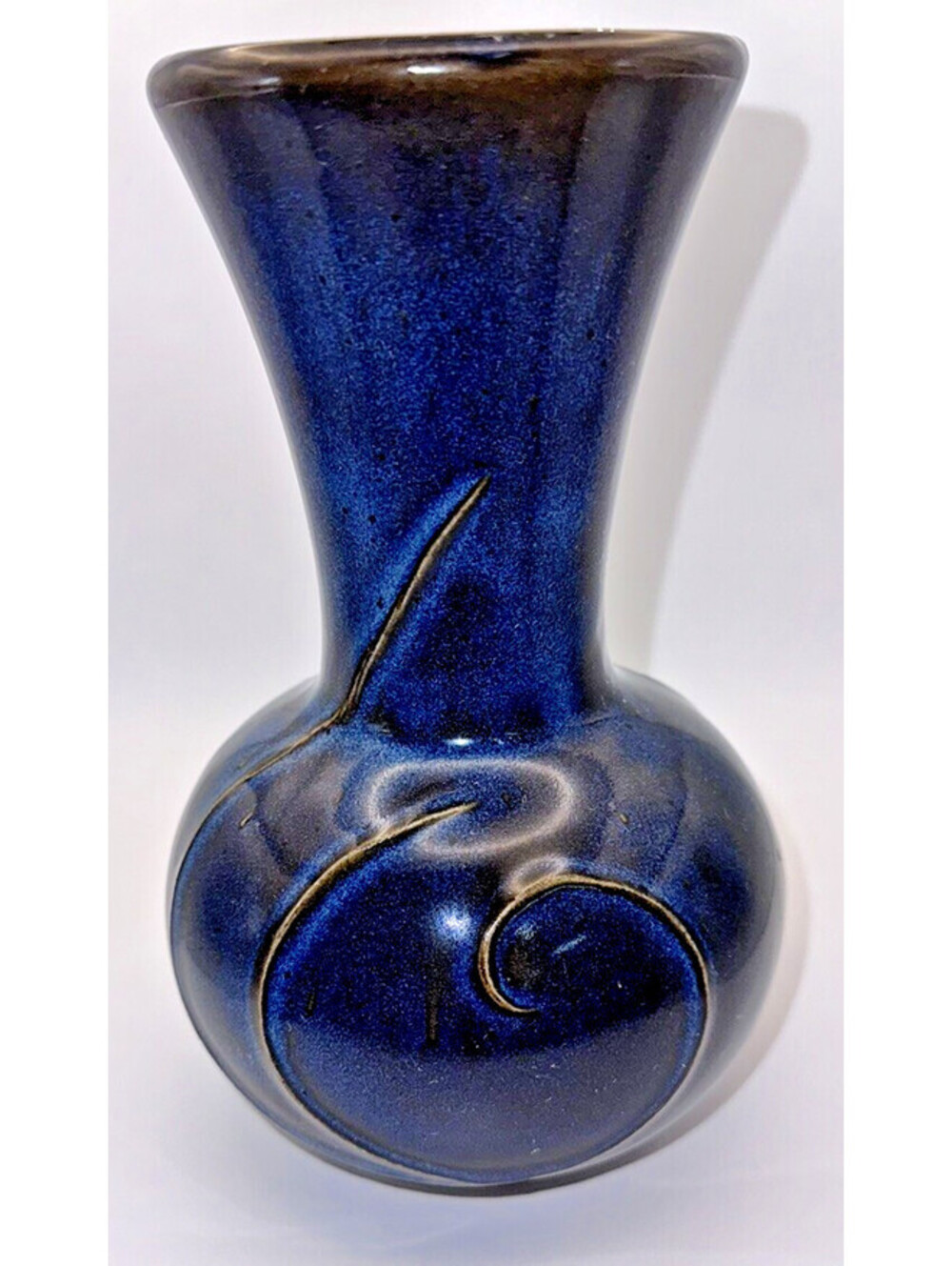 Cobalt Blue Vase 7” Tall 4.5” Wide Gold Swirl Signed Boho Gorgeous Color